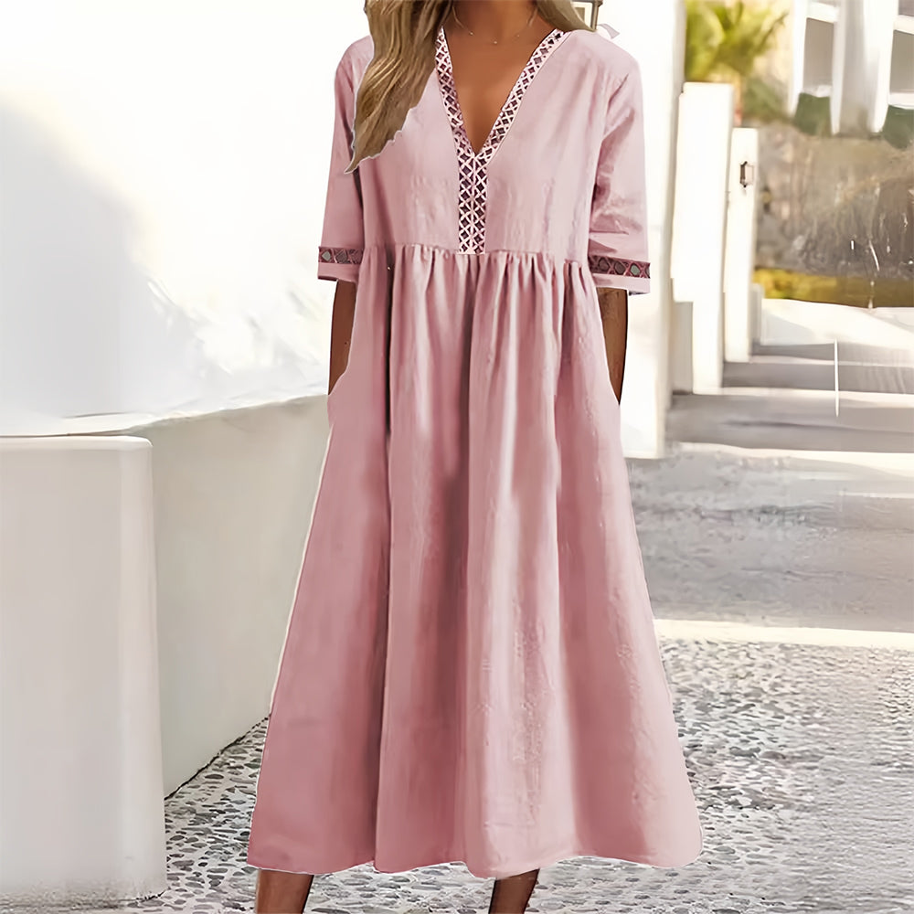 Drune | Lässiges, lockeres Sommerkleid aus Baumwolle und Leinen mit V-Ausschnitt und kurzen Ärmeln