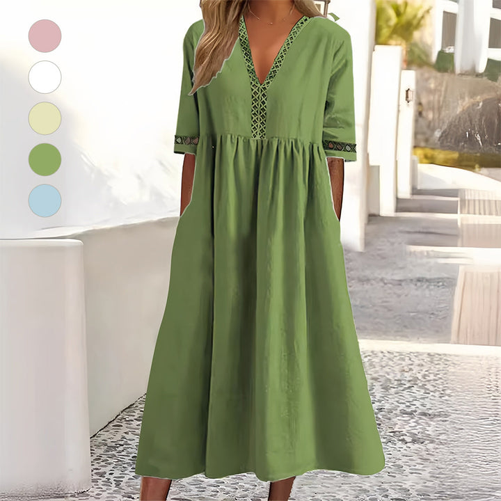 Drune | Lässiges, lockeres Sommerkleid aus Baumwolle und Leinen mit V-Ausschnitt und kurzen Ärmeln
