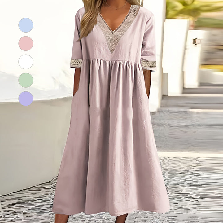 Drune | A-Linien-Midi-Sommerkleid mit V-Ausschnitt und kurzen Ärmeln für Damen