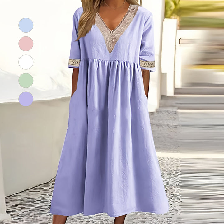 Drune | A-Linien-Midi-Sommerkleid mit V-Ausschnitt und kurzen Ärmeln für Damen