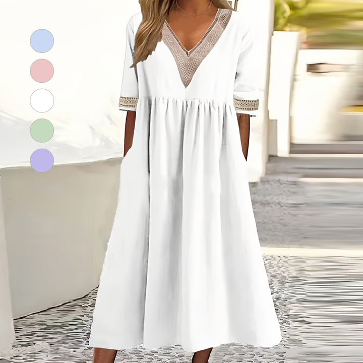 Drune | A-Linien-Midi-Sommerkleid mit V-Ausschnitt und kurzen Ärmeln für Damen