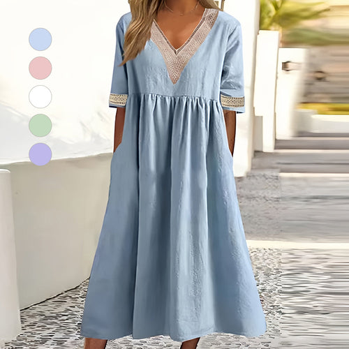 Drune | A-Linien-Midi-Sommerkleid mit V-Ausschnitt und kurzen Ärmeln für Damen