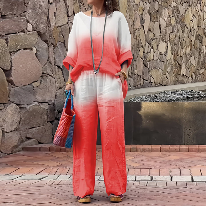 Drune | T-Shirt + Hose aus Baumwolle und Leinen mit Farbverlauf und Rundhalsausschnitt für Damen