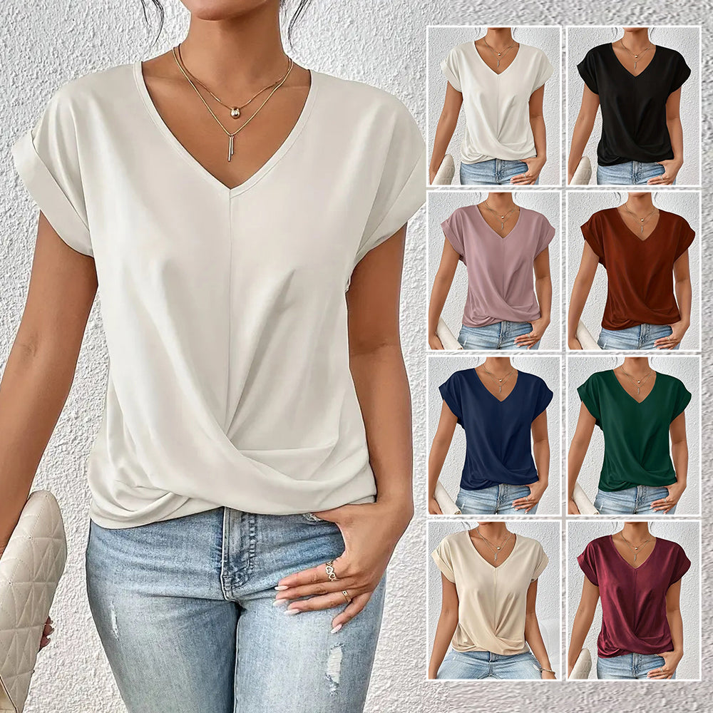 Drune | Elegantes, einfarbiges T-Shirt mit V-Ausschnitt und gedrehtem Saum für Damen