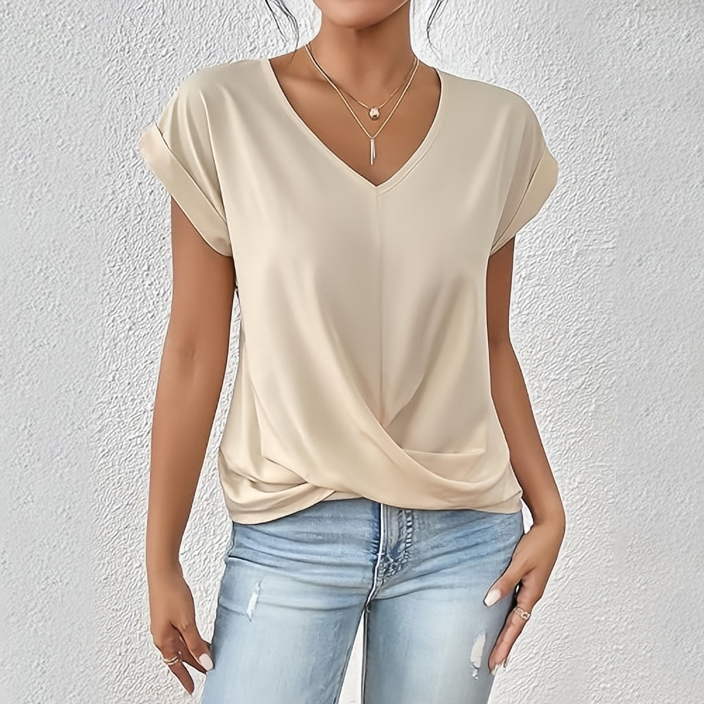 Drune | Elegantes, einfarbiges T-Shirt mit V-Ausschnitt und gedrehtem Saum für Damen