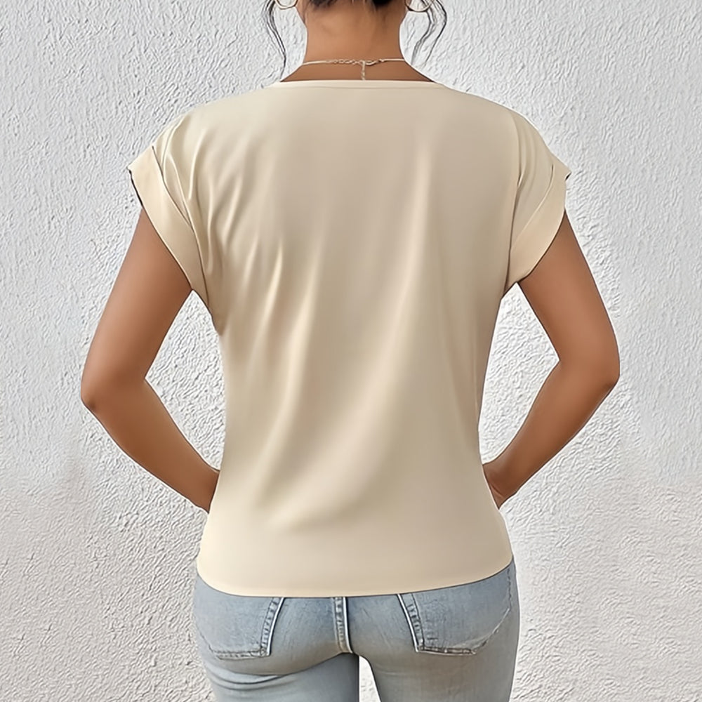 Drune | Elegantes, einfarbiges T-Shirt mit V-Ausschnitt und gedrehtem Saum für Damen