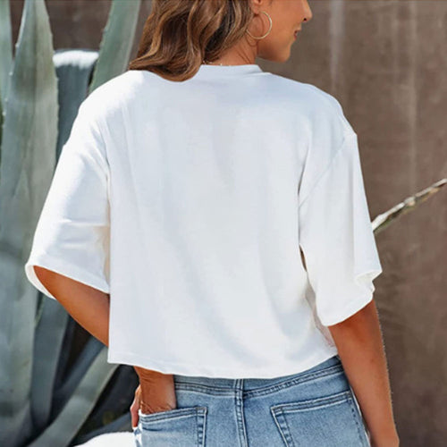 Drune | Lässiges, einfarbiges, kurzes T-Shirt mit Rundhalsausschnitt für Damen