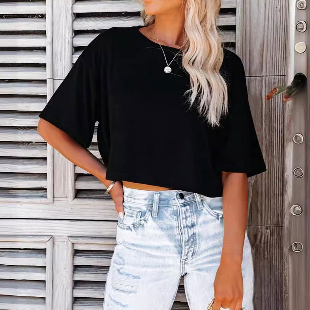Drune | Lässiges, einfarbiges, kurzes T-Shirt mit Rundhalsausschnitt für Damen