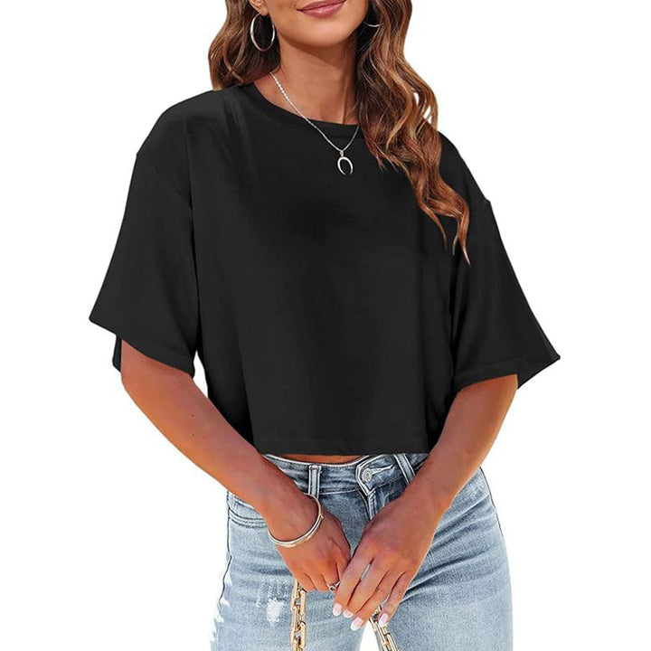 Drune | Lässiges, einfarbiges, kurzes T-Shirt mit Rundhalsausschnitt für Damen