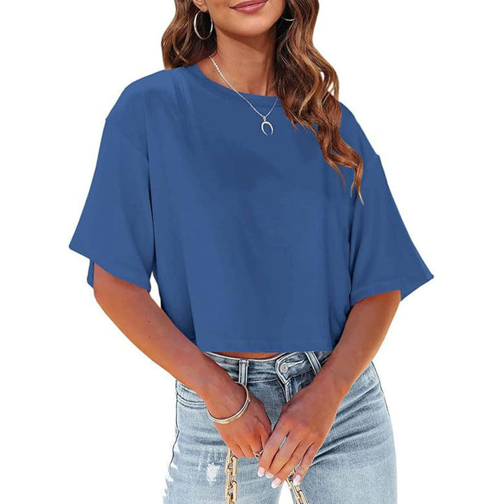 Drune | Lässiges, einfarbiges, kurzes T-Shirt mit Rundhalsausschnitt für Damen
