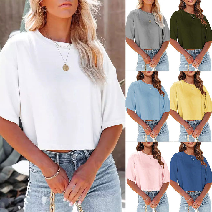 Drune | Lässiges, einfarbiges, kurzes T-Shirt mit Rundhalsausschnitt für Damen