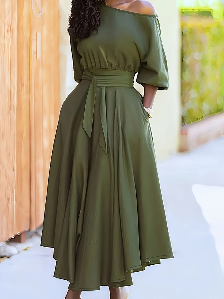 Drune | Off Shoulder Midi Kleid Mit Gürtel Und Asymmetrischem Saum