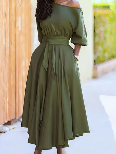 Drune | Off Shoulder Midi Kleid Mit Gürtel Und Asymmetrischem Saum