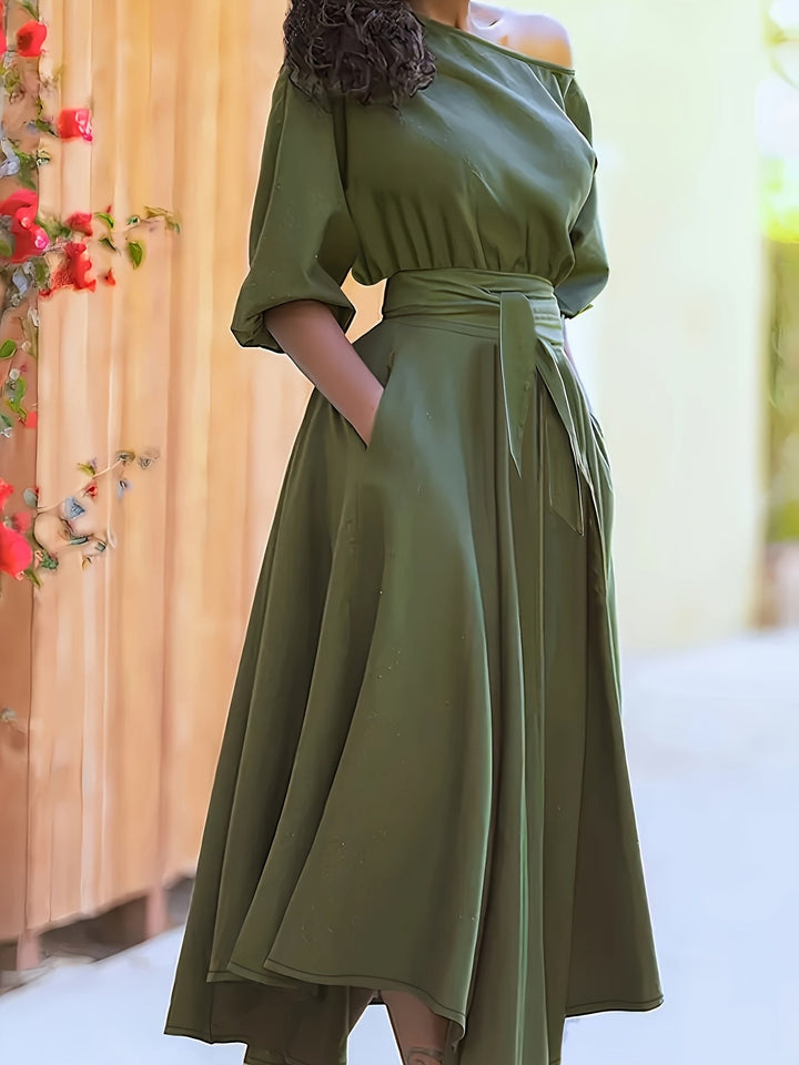 Drune | Off Shoulder Midi Kleid Mit Gürtel Und Asymmetrischem Saum