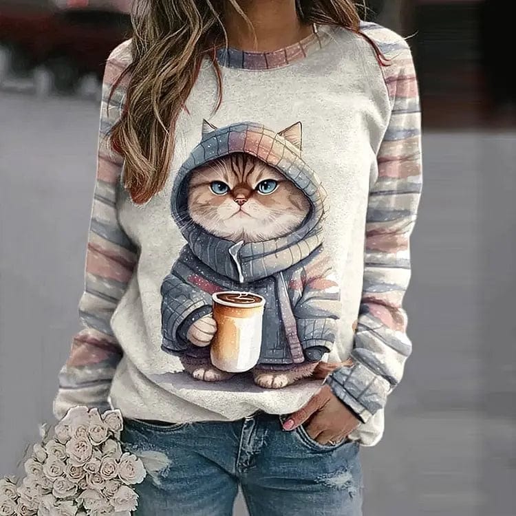 Drune | Pullover - Relaxed Fit - Baumwollstrick - Katzenmotiv - Gestreifte Ärmel - Gerippter Saum