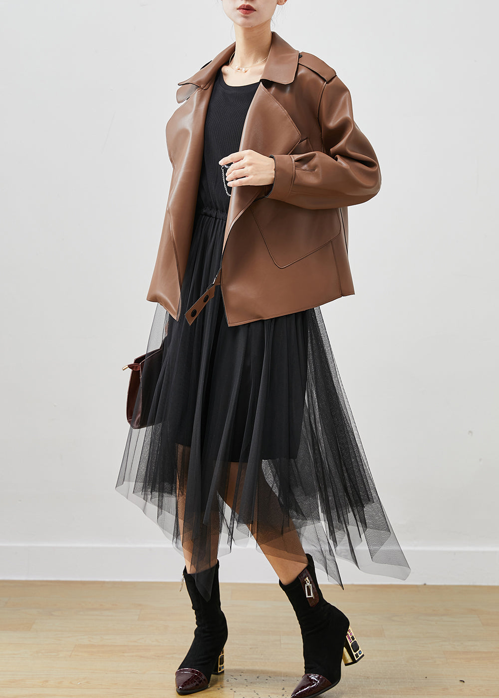 Drune | Kunstleder Mäntel und Tüllkleid Zweiteiler Set Übergrößen