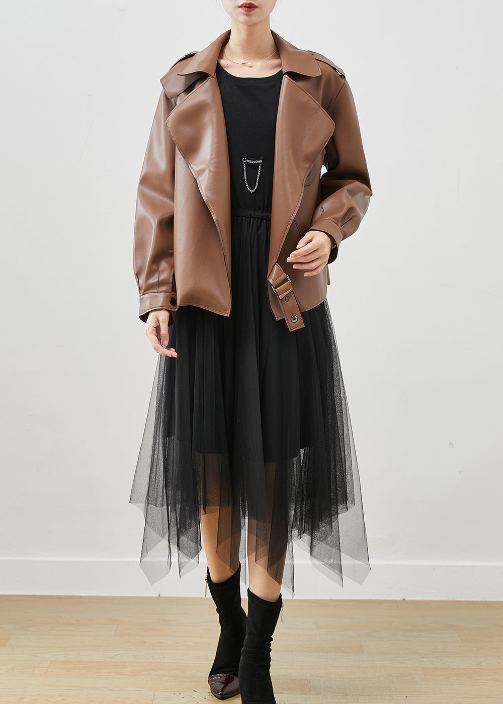 Drune | Kunstleder Mäntel und Tüllkleid Zweiteiler Set Übergrößen