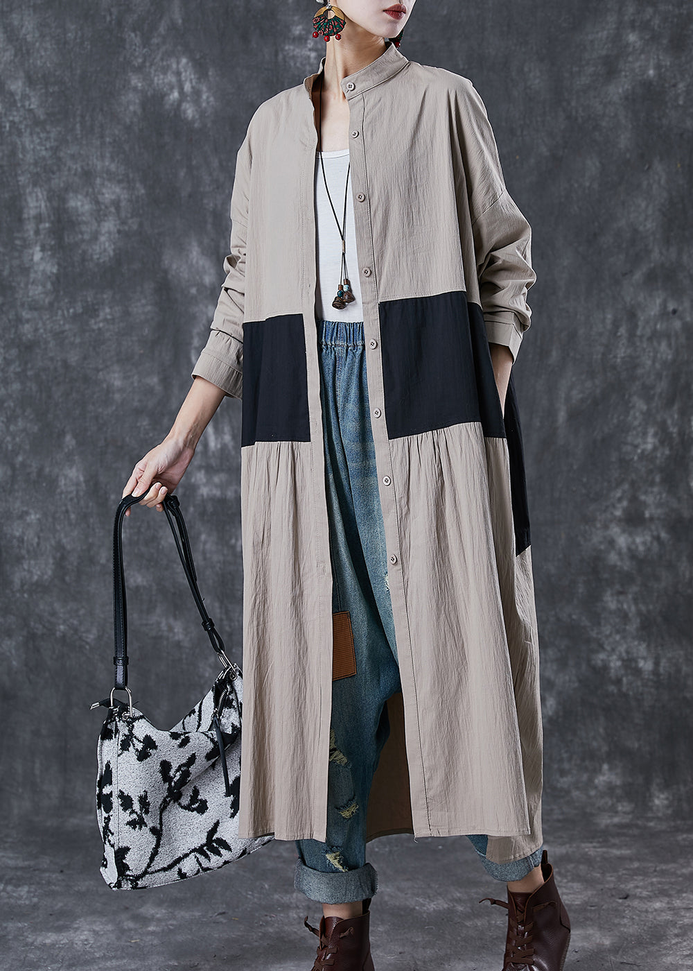 Drune | Patchwork Baumwolle Trenchcoats Stehkragen