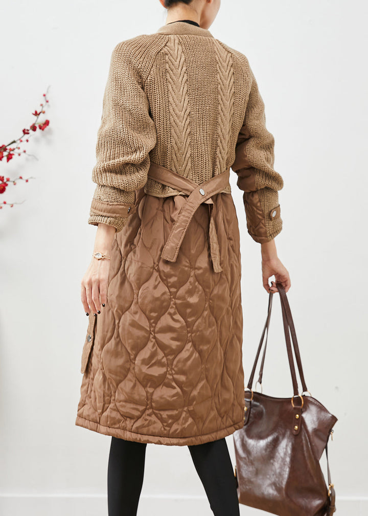 Drune | Patchwork Strickfein Baumwolle Gefüllte Puffers Jacken V Hals Taschen Winter