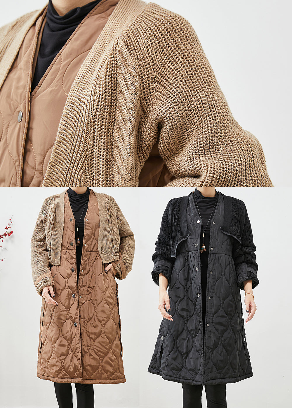 Drune | Patchwork Strickfein Baumwolle Gefüllte Puffers Jacken V Hals Taschen Winter