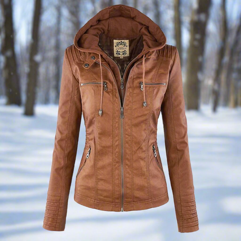 Drune | Leder Kapuzen Bikerjacke Slim Fit Reißverschlusstaschenjacke