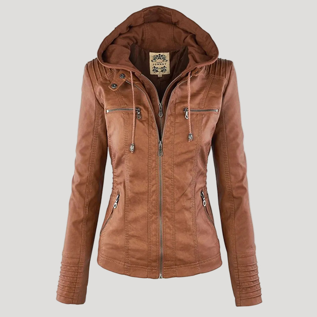 Drune | Wetterfester Damen Faux Lederjacke mit Kapuze