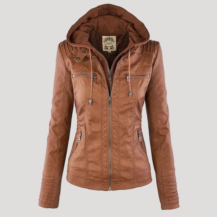 Drune | Wetterfester Damen Faux Lederjacke mit Kapuze