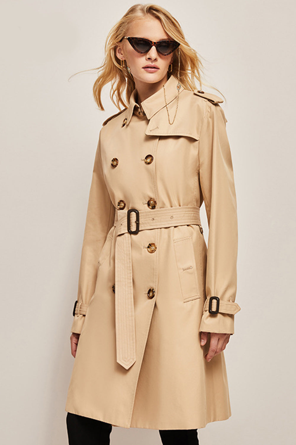 Drune | Damen Langer Slim Fit Trenchcoat mit Gürtel und Doppelreihigen Knöpfen