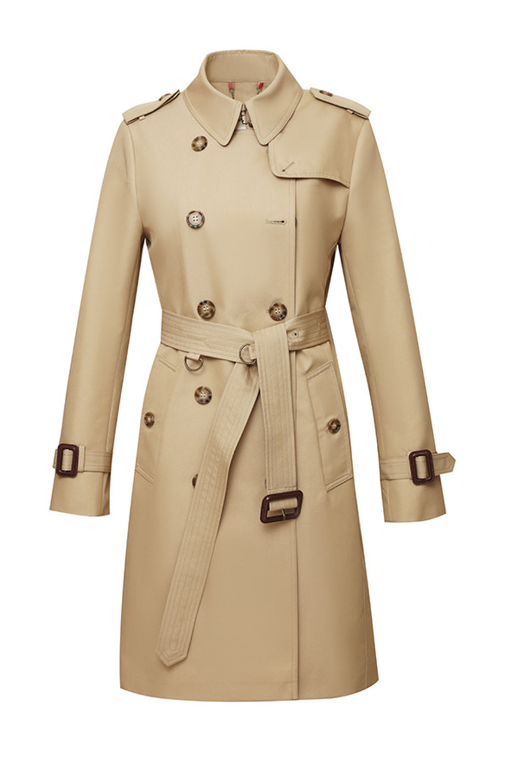 Drune | Damen Langer Slim Fit Trenchcoat mit Gürtel und Doppelreihigen Knöpfen