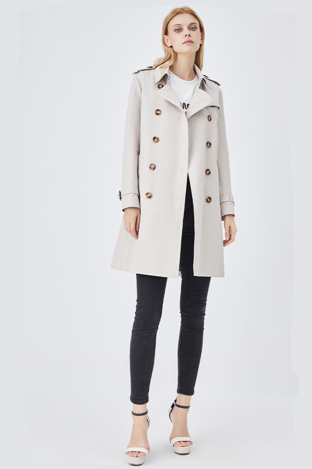Drune | Damen Langer Slim Fit Trenchcoat mit Gürtel und Doppelreihigen Knöpfen
