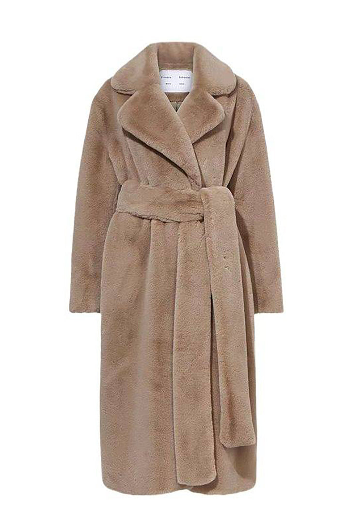 Drune | Damen Lange Imitationsfelljacke mit Offener Vorderseite und Gürtel