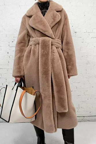 Drune | Damen Lange Imitationsfelljacke mit Offener Vorderseite und Gürtel