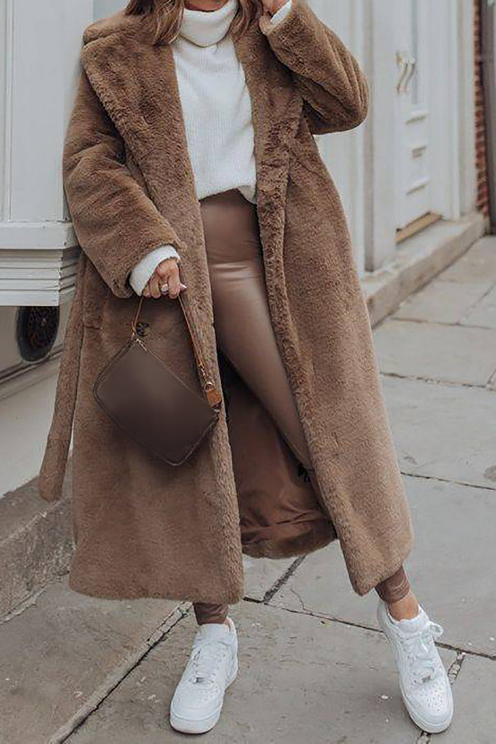 Drune | Damen Lange Imitationsfelljacke mit Offener Vorderseite und Gürtel
