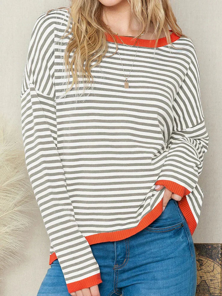 Drune | Orange, Marineblau und Weiß Gestreifter Langarmpullover