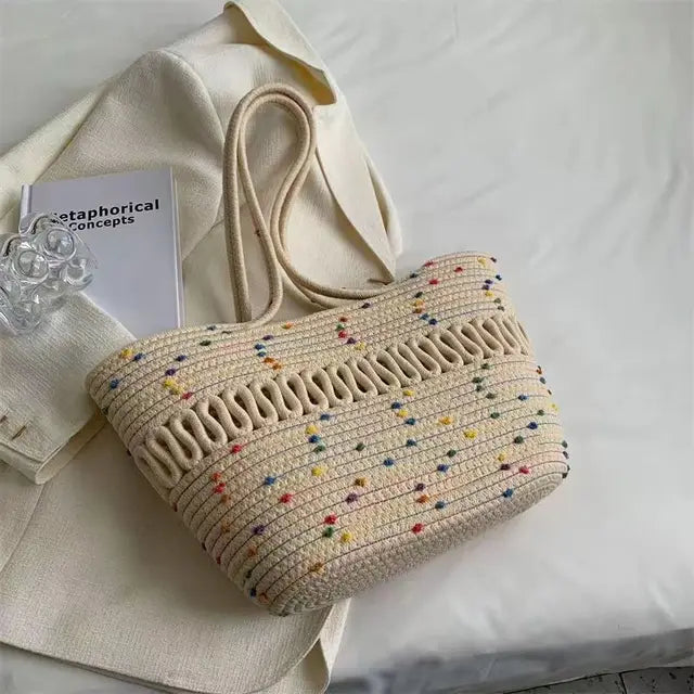 Drune - Damen Schultertasche mit großer Kapazität handgefertigt aus Strick-Kit-Stoff und Stroh