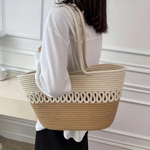 Drune - Damen Schultertasche mit großer Kapazität handgefertigt aus Strick-Kit-Stoff und Stroh