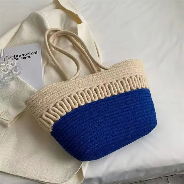 Drune - Damen Schultertasche mit großer Kapazität handgefertigt aus Strick-Kit-Stoff und Stroh