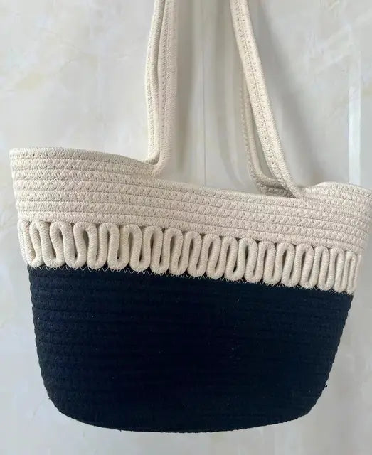 Drune - Damen Schultertasche mit großer Kapazität handgefertigt aus Strick-Kit-Stoff und Stroh