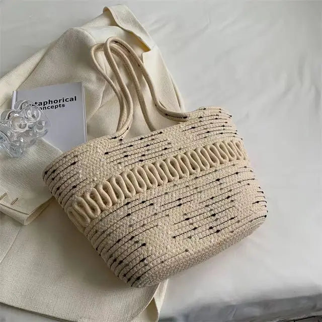 Drune - Damen Schultertasche mit großer Kapazität handgefertigt aus Strick-Kit-Stoff und Stroh