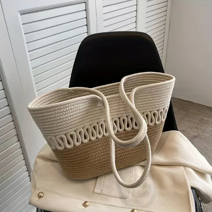 Drune - Damen Schultertasche mit großer Kapazität handgefertigt aus Strick-Kit-Stoff und Stroh