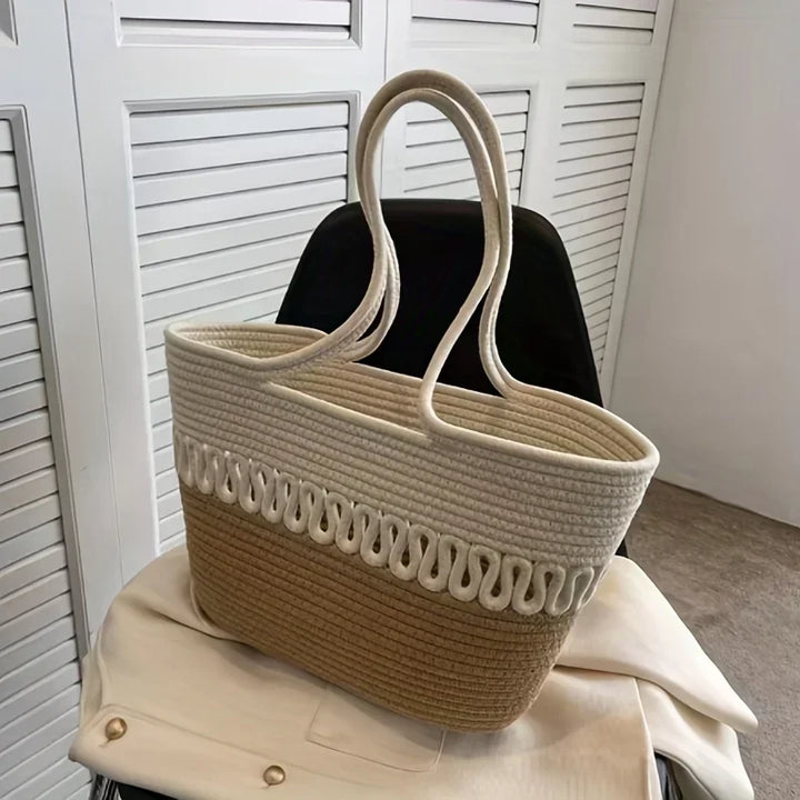 Drune - Damen Schultertasche mit großer Kapazität handgefertigt aus Strick-Kit-Stoff und Stroh