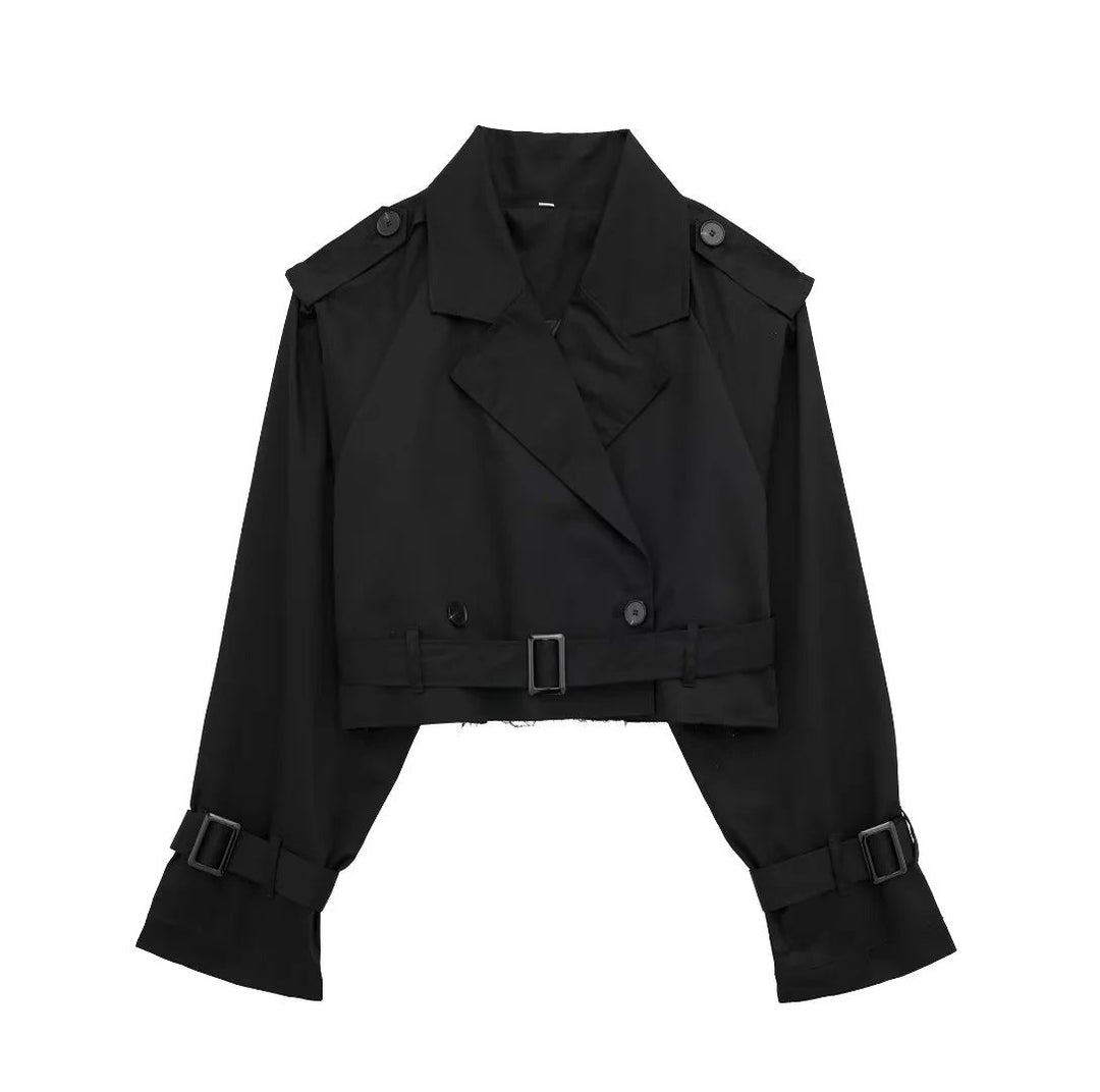 Drune | Trench Jäckchen Gürtel Doppelgeknöpft Kurze Trenchcoat Damenjacke