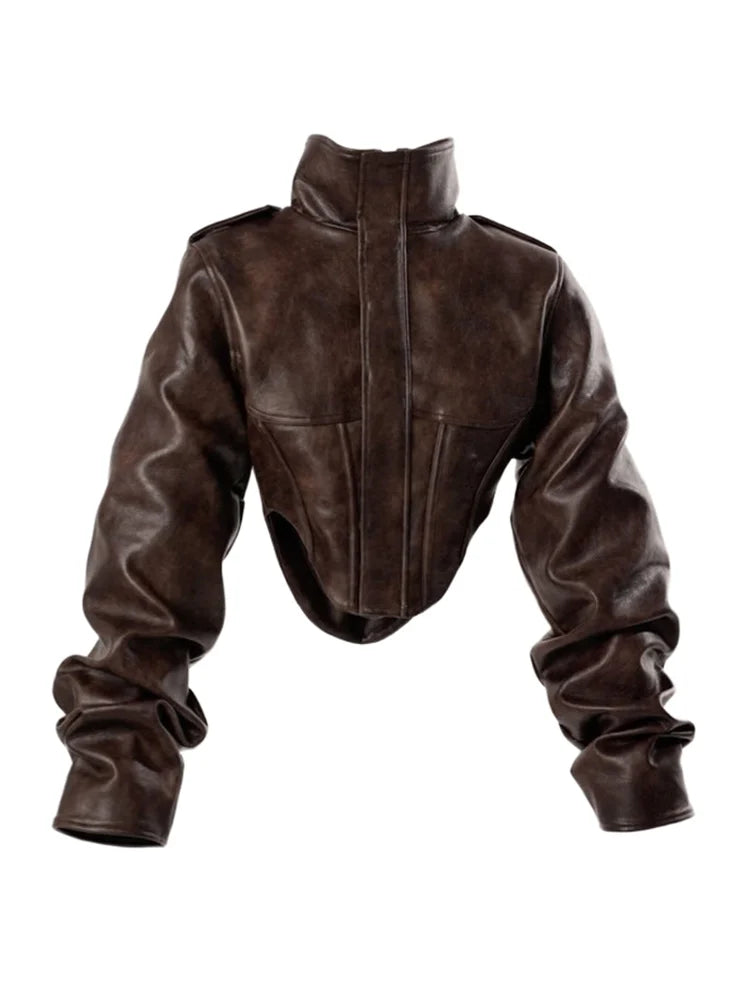 Drune | Kunstlederjacke - Modische cropped Bikerjacke mit Ballonärmeln & stilvollem Design