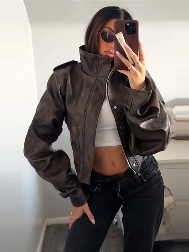 Drune | Kunstlederjacke - Modische cropped Bikerjacke mit Ballonärmeln & stilvollem Design