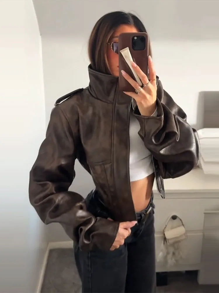 Drune | Kunstlederjacke - Modische cropped Bikerjacke mit Ballonärmeln & stilvollem Design