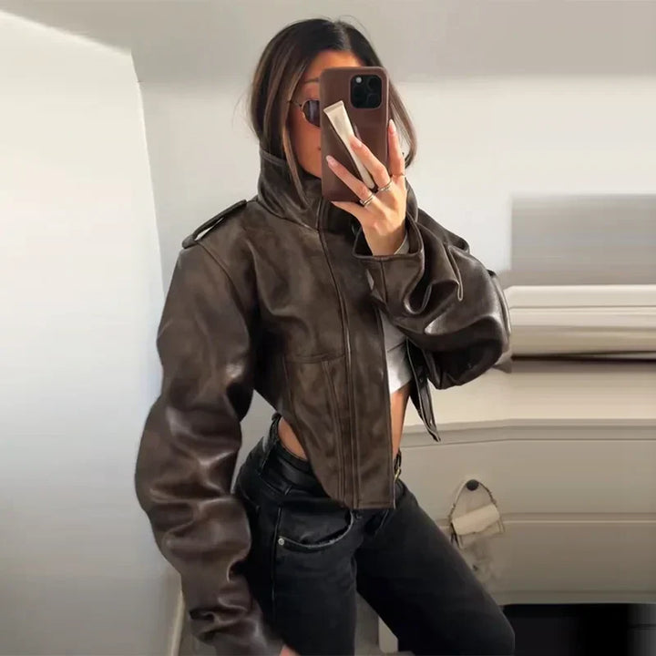 Drune | Kunstlederjacke - Modische cropped Bikerjacke mit Ballonärmeln & stilvollem Design
