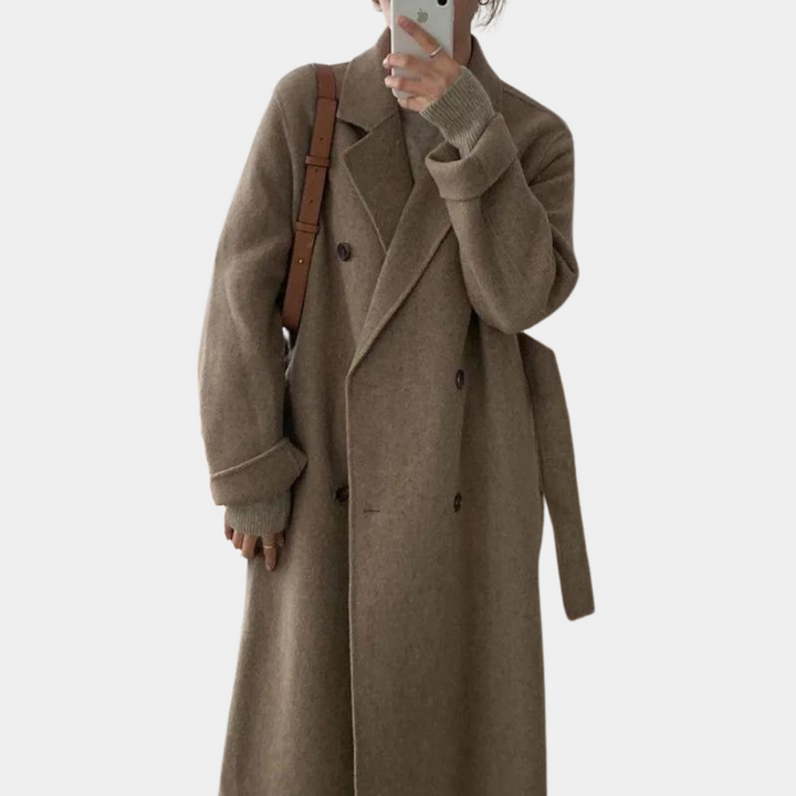 Drune | Wollmantel Doppelreiher Gürtel Übergröße Trenchcoat Wollübermantel für Damen