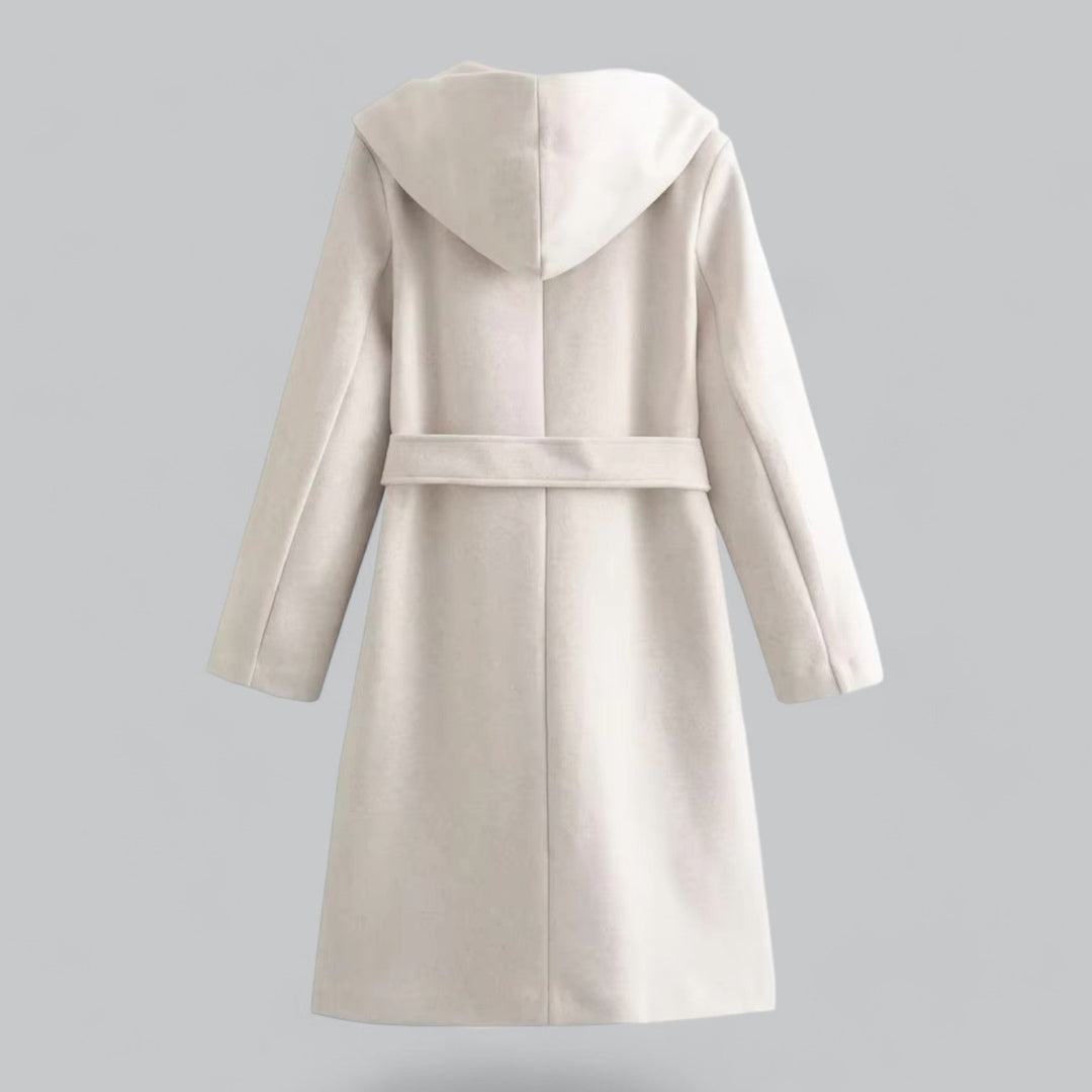Drune | Damen Woll Winterjacke mit Kapuze und Gürtel im knielangen Stil