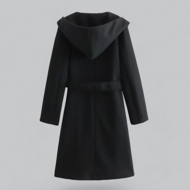 Drune | Damen Woll Winterjacke mit Kapuze und Gürtel im knielangen Stil