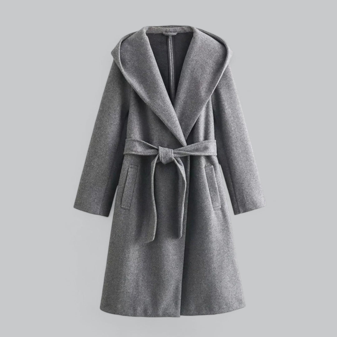 Drune | Damen Woll Winterjacke mit Kapuze und Gürtel im knielangen Stil